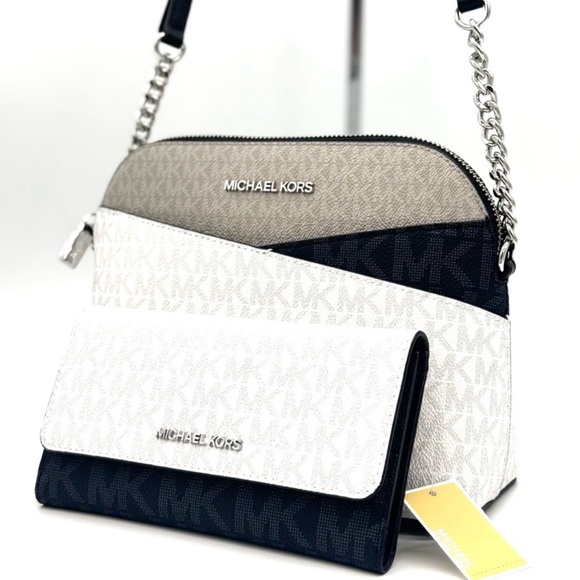 Michael Kors Medium Dome Jet Set Travel Xbody Bag & Trifold Wallet Optic White